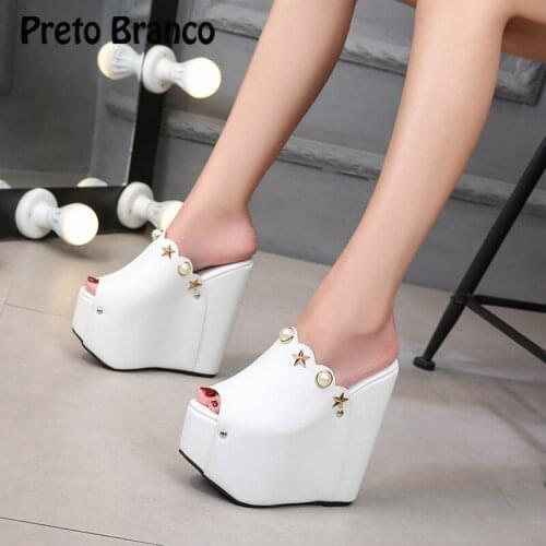 PRETO BRANCO 2020 Summer Fashion 16CM Heel Womens Single Shoes Shallow Mouth Wedge Heel Rhinestone High Heel Women Slippers ZYW