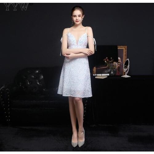 Elegant A Line Prom Dresses 2021 V Neck Spaghetti Strap Knee Length Women Sparkly Amazing Sequins Evening Formal Short Dresses