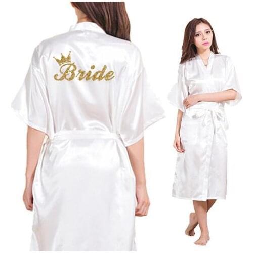 Bride Crown Team Bride Golden Glitter Print Long Section Kimono Robe Women Bachelorette Wedding Faux Silk Robe Free Shipping