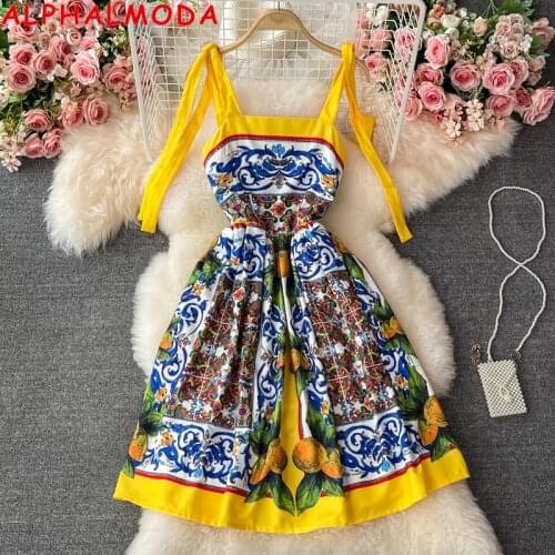 ALPHALMODA 2021 Women Printed Fashion Strap Dress Vintage Floral A-line Pattern Dress