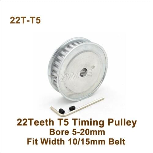 POWGE 22 Teeth T5 Timing Pulley Bore 5-20mm Fit W=10/15mm T5 Synchronous Belt 22T 22Teeth T5 Timing Belt Pulley 22-T5