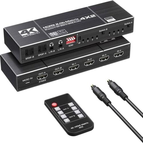 4K60Hz HDMI-compatible To Matrix 4x2 Switch Splitter Support HDCP 2.2 IR Remote Control Switch 4x2 Spdif 4K 4x2 Matrix Switch