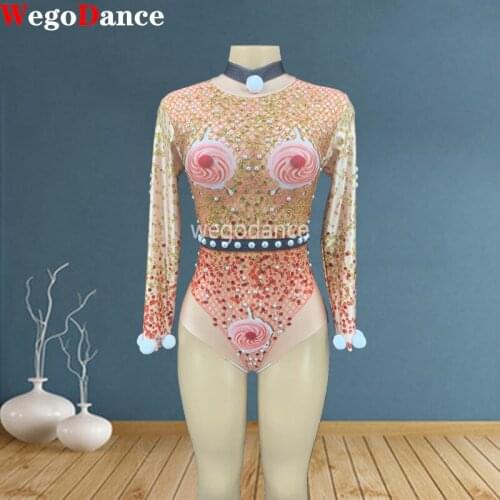 Crystals Bodysuit Long Sleeve Rhinestones Tight Stage Wear Bar Sexy Singer Dance Costume