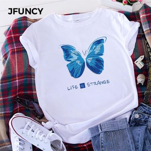 JFUNCY Plus Size Women Tee Shirt 100% Cotton Short Sleeve Casual Female Tshirt Butterfly Print T-shirt Woman Summer Loose Tops