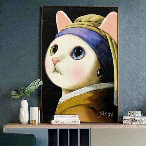 Cat With Pearl Earring Mona Lisa Cat Art Canvas Painting Print Funny Famous Wall Art Picture Home Decoration Poster Cuadros