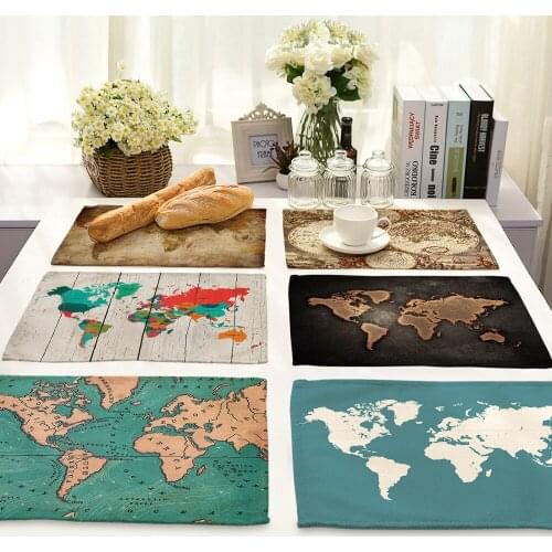 Creative World Map Non-slip insulation Placemat coaster for table dinner Table Mats cotton linen Pads Home Decor 42*32cm 0021
