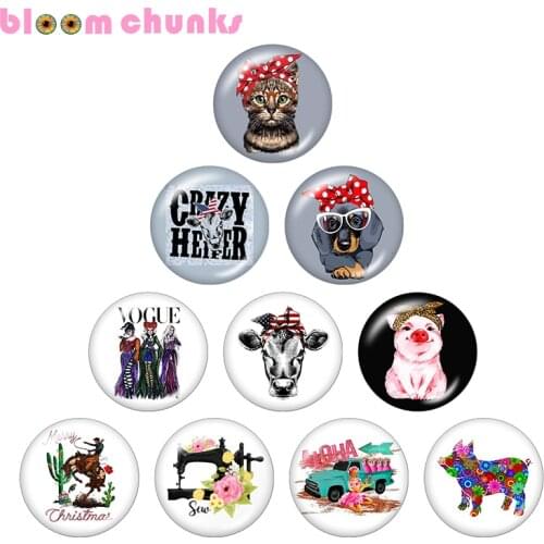 Cow dog cat pig animal 12mm/18mm glass snap button jewelry Round glass cabochon demo flat back Making findings C1450
