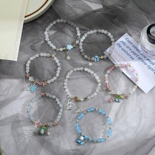 Meetvii Popcorn Powder Crystal Natural Stone Beads Bracelet Cute Elastic Cord Bear Rabbit Daisy Charm Bracelets Lover Woman Gift