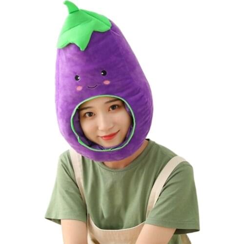 Kawaii Cartoon Eggplant Plush Hat Cute Expression Embroidery Stuffed Toys Headgear Warm Earflap Cap Cosplay Party Props