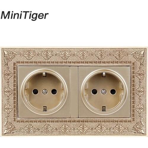 Minitiger 16A Double EU Standard Power Socket 4D Embossing Retro Zinc Alloy Panel 16A Electrical Outlet 146*86 Type