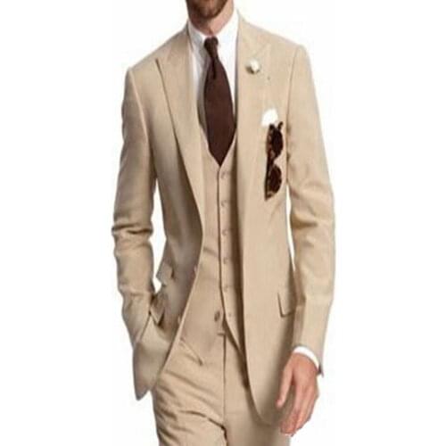 Mens Suits (Jacket+Pants+vest) Beige Business Party Best Peaked Lapel Two Button Custom Made Wedding Groom Tuxedos Costume Homme