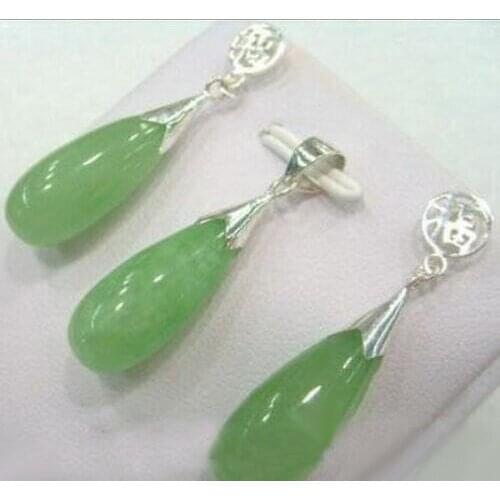 Natural Light Green Jade Water Drop Pendant Necklace Earrings Jewelry Set
