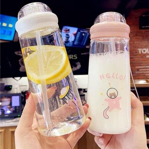 New Cute Plastic Water Bottles with Straw Portable Clear Frosted BPA Free Water Bottle for Kids Students Adult Drinking Cup
