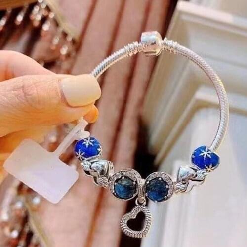 2021 New 925 Sterling Silver Heart Wings Charm Blue Cat Eyes With Classic Bracelet Suitable For Womens Party Gift Diy Jewelry