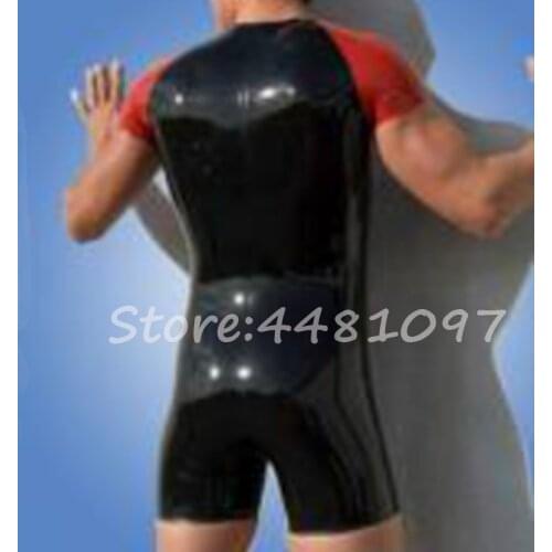 Males' Black with Red One-Pieces Mens Latex T-shirt Latex Polo Shorts with Front Zip for Men lingerie porno crotchless bodysuit
