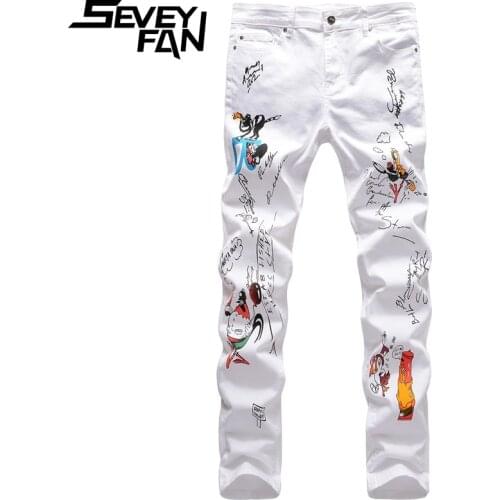 SEVEYFAN Mens Fashion 3D Animal Graffiti Jeans Pure Cotton Elastic Slim fit Denim Pants Male