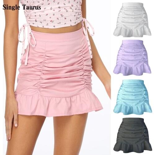 Folds Skirt Solid Color Zipper Ruffle High Waist Pencil High Waist Mini Mujer Faldas Pink Korean Style Kawaii Skirt 2021 Summer