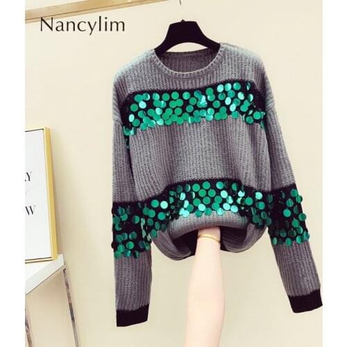 Loose Sweater Womens Autumn and Winter New Korean Long-sleeved Rainbow Sequin Sweater Sweaters Student Pullovers Mujer 2019