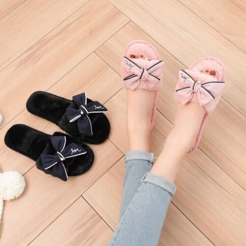 Ladies Autumn and Winter New Home Warmth Rabbit Plush Slippers Japanese Bow Cotton Slippers