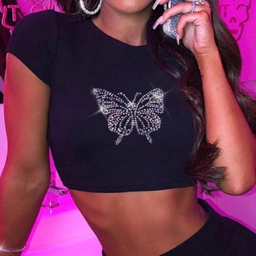 Women Sexy Slim Crop Tops Shiny Butterfly Rhinestone Short Sleeve Round Neck Fit Wild Party Clubwear T-Shirt for Summer