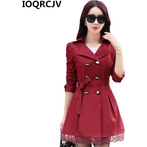 Women Trench Coat 2019 Autumn New Long Sleeve Casual Coat Lace Thin Double-breasted Windbreaker With Belt Female Outerwear R604