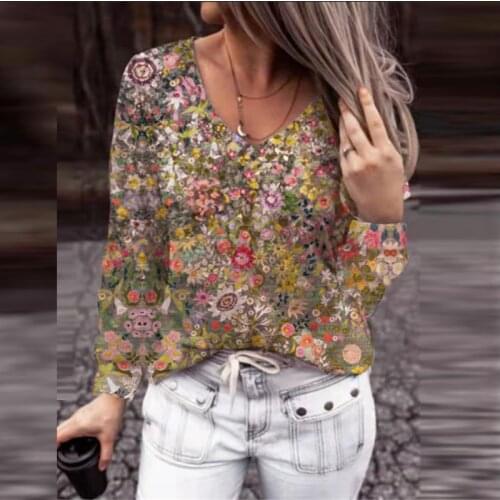 Vintage Floral Printed Blouse Fashion Ladies V Neck Long-sleeved Pullover Tops 2021 Autumn Fashion Casual Loose Street Shirts
