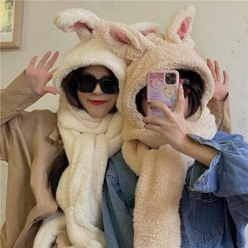 Japanese Winter Sweet Soft Girl Kawaii Rabbit Ear Keep Warm Lambswool Windshield Vintage Ear Cap Scarf Gloves Three-piece Suit