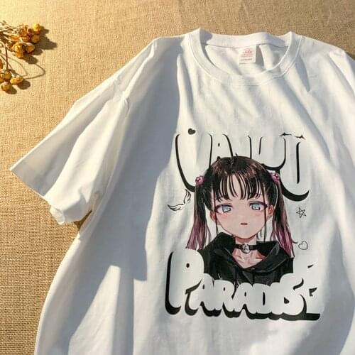 Over size women clothes Korean loose Casual vintage Tshirt Japanese animeSummer cotton short-sleeved O neck t-shirt cartoon top