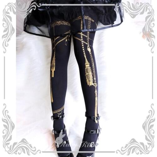Womens Retro Tassel Rope Gold Stamping Printing Pantynose Cosplay Court Style Lolita Velvet High Elasticity Tights Stocking