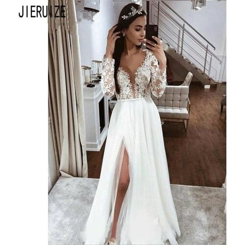 JIERUIZE Boho Wedding Dresses V Neck Long Sleeve Lace Appliques A Line High Slits Zipper Back Wedding Gowns Vestidos de novia