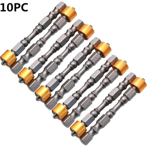 10 Pcs Strong Magnetic PH2 Screwdriver Bit Set 65mm Yellow Aluminum Ring Electronic Phillips Bits for Plasterboard Screw