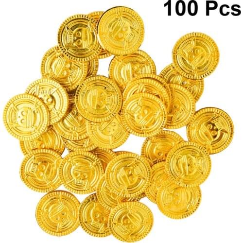 100pcs Pirates Golden Coins Plastic Treasure Coins Play Money Toy Game Props Playset Goodie Bag Fillers Party Favor for Kids