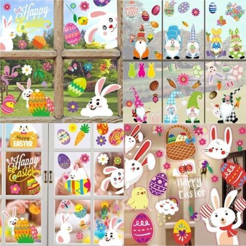 CYUAN Happy Easter Decorations For Home Bunny Colorful Rabbit Eggs Wall Stickers Electrostatic Window Posters