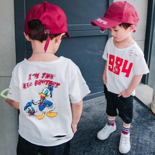 2018 Korean Childrens Clothing Brand T Shirt for Boys Summer New Childrens Top Tees Letter Print Thin Hole Casual Tee Shirts