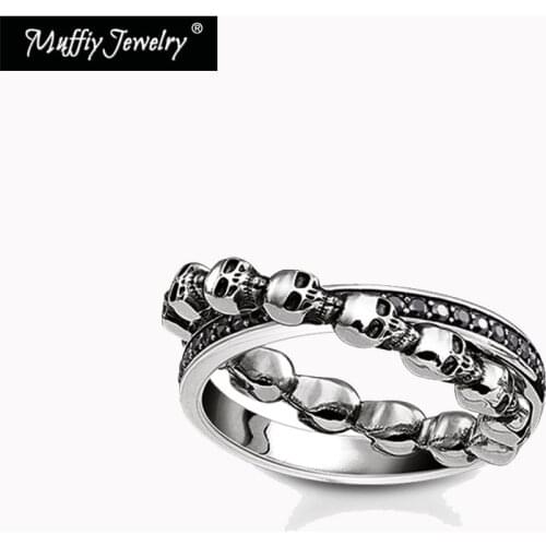 Ring Skull United Black Stones Stacking Design 925 Sterling Silver 2021 New Fine Jewerly Vintage Rebel Bijoux Gift for Women Men