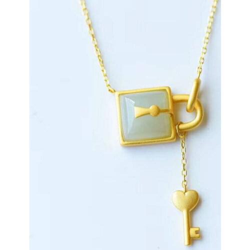 Natural Hetian Jade Square Inlaid S925 Sterling Silver Ancient Style Thick Golden Lock Silver Vintage Pendant Female with Hearts