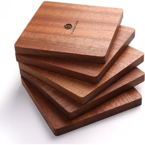 YUSOTAN 5pcs square insulation pad made of natural solid wood heat-resistant eco-friendly 10*10*1CM wooden table bowl cup mat