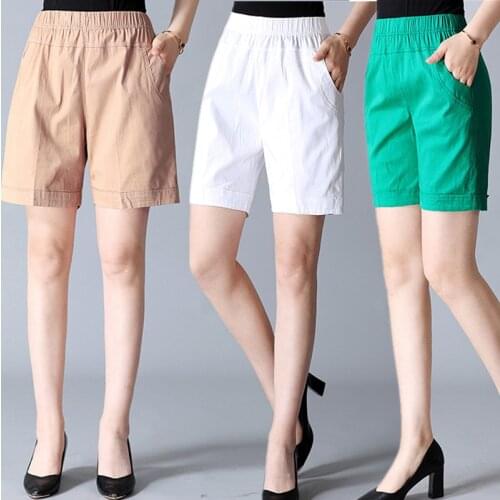 Summer New Shorts Middle-Aged Womens Plus Size Shorts Knee Length Stretch Casual Straight Shorts Women Black White Cotton Pants