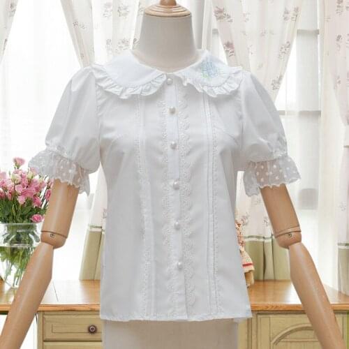 Sweet Lolita Shirt Short Puff Sleeve Flower Embroidered Peter Pan Collar White Ruffle Blouse for Ladies