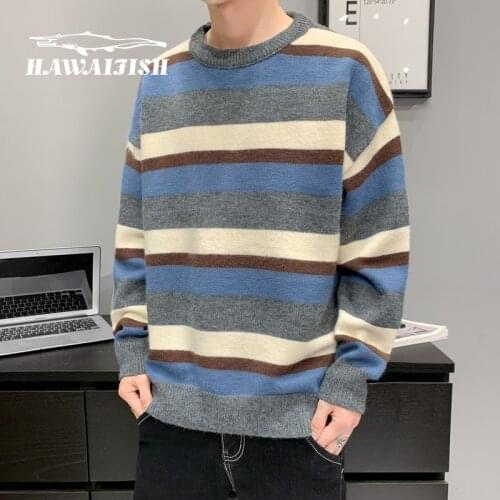 Pullover male 2021 mens sweater mens spring and autumn new casual round neck sweater Korean fashion color matching sweater