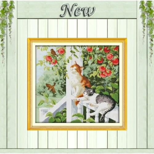 Two cats animal flowers garden birds painting counted print on canvas DMC 11CT 14CT kits Cross Stitch embroidery needlework Sets