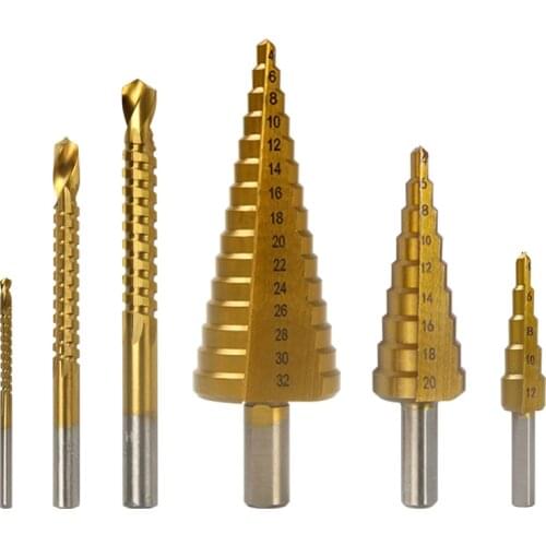 HSS Steel 6Pcs Step Drill Bit Set Titanium 4-12/20/32mm Metal Hole Cutter Wood Cone Core Drilling Hole Saw Tool+3,6,8 Saw Drill