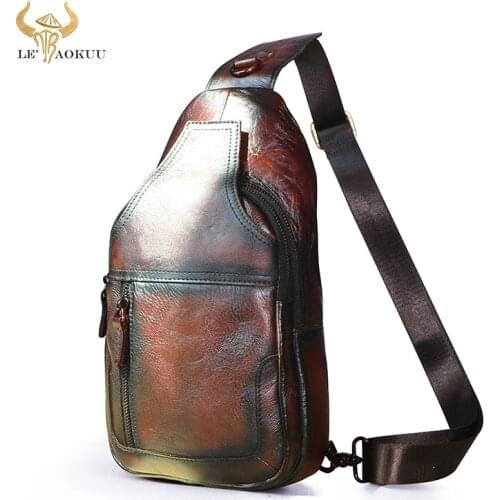New Men Quality Leather Casual Fashion Triangle Sling Chest Bag Design Daypack Designer One Shoulder Cross-body Bag Male 6601
