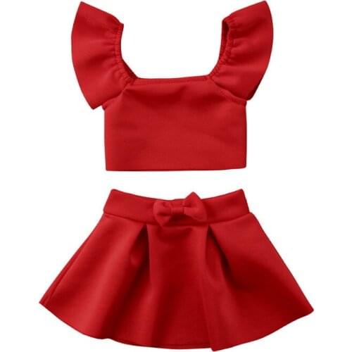 0-4Y Toddler Kids Baby Girls Off Shoulder Red Crop Tops+Short Skirt Outfits Clothes Sets Summer