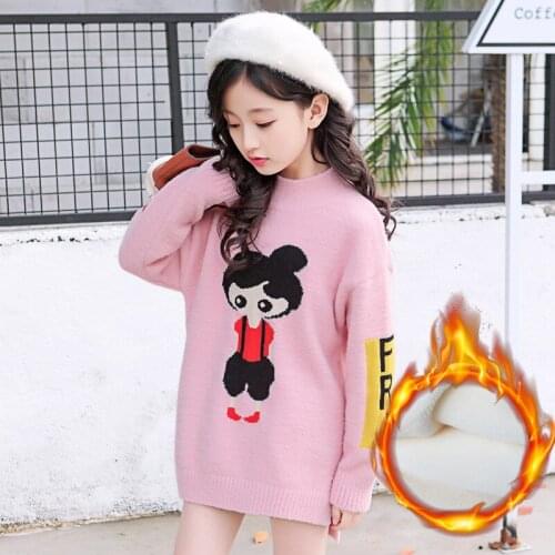 Girls 6-14Y Winter Autumn Long Sleeve O-neck Pullover Mid-long Sweater Fashion Catoon Warm Thick Fleece Mohair Knitting Sweaters