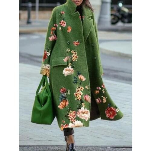 Autumn and winter long woolen coat solid color temperament commuter beltless lapel loose-fitting woolen green coat