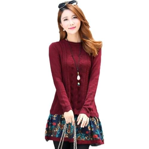 Spring Autumn Floral Hem Stitching Fake Two Piece Women Knit Dress Fashion elegant Casual Female Sweater Dress Vestidos R670