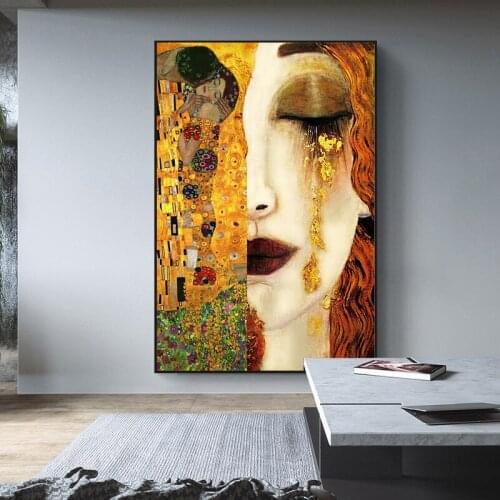 Gustav Klimt Kiss Tear Classical Art Canvas Painting Abstract Retro Gold Poster Wall Picture Home Decoration for Living Room