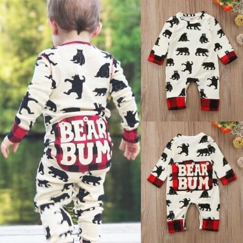 Newborn Baby Chirstmas Rompers Infant Boys Girls Cartoon Bear Print Long Sleeve Jumpsuit Xmas Cotton One Piece Outfits 0-18M