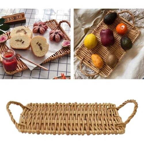 Hand-woven Rectangular Hollow Fruit Vegetable Basket Tray with Two Handle Wicker Picnic Snack Basket Food Dishes Drying
